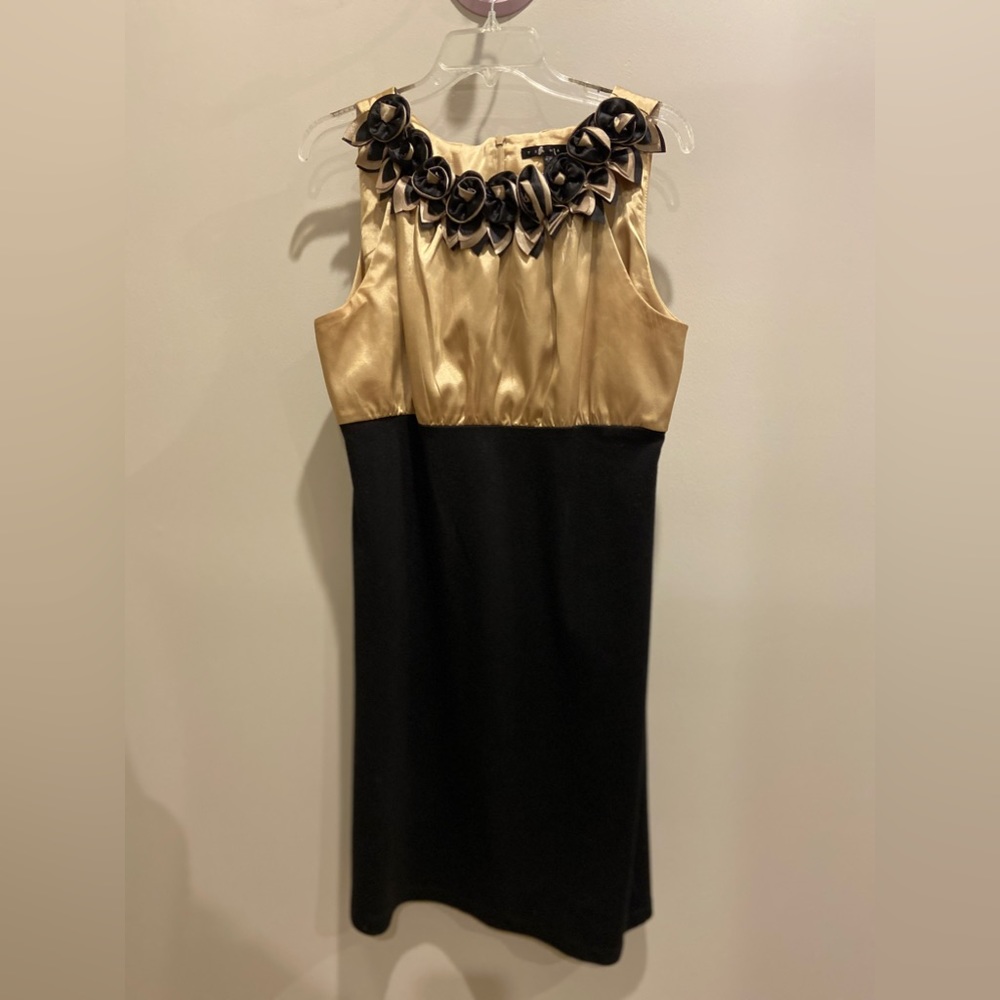 Sleeveless Black & Gold Cocktail Dress with Floral Neckline